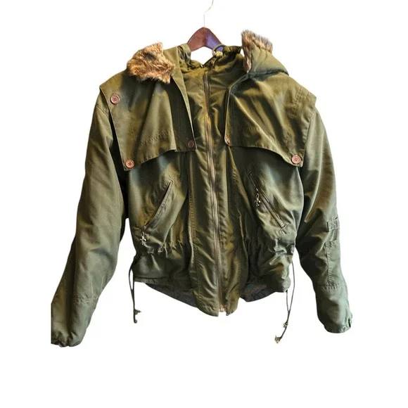 Express French Country Olive‎ Green Hooded Faux Fur Lined Jacket Size S - Picture 2 of 10